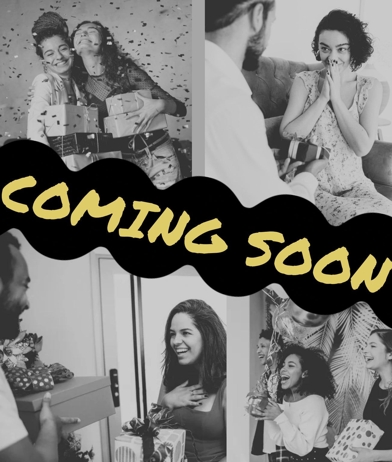 Collage of people connecting with and enjoying one another during various gift-worthy moments. 'Coming Soon' text banner overlay.